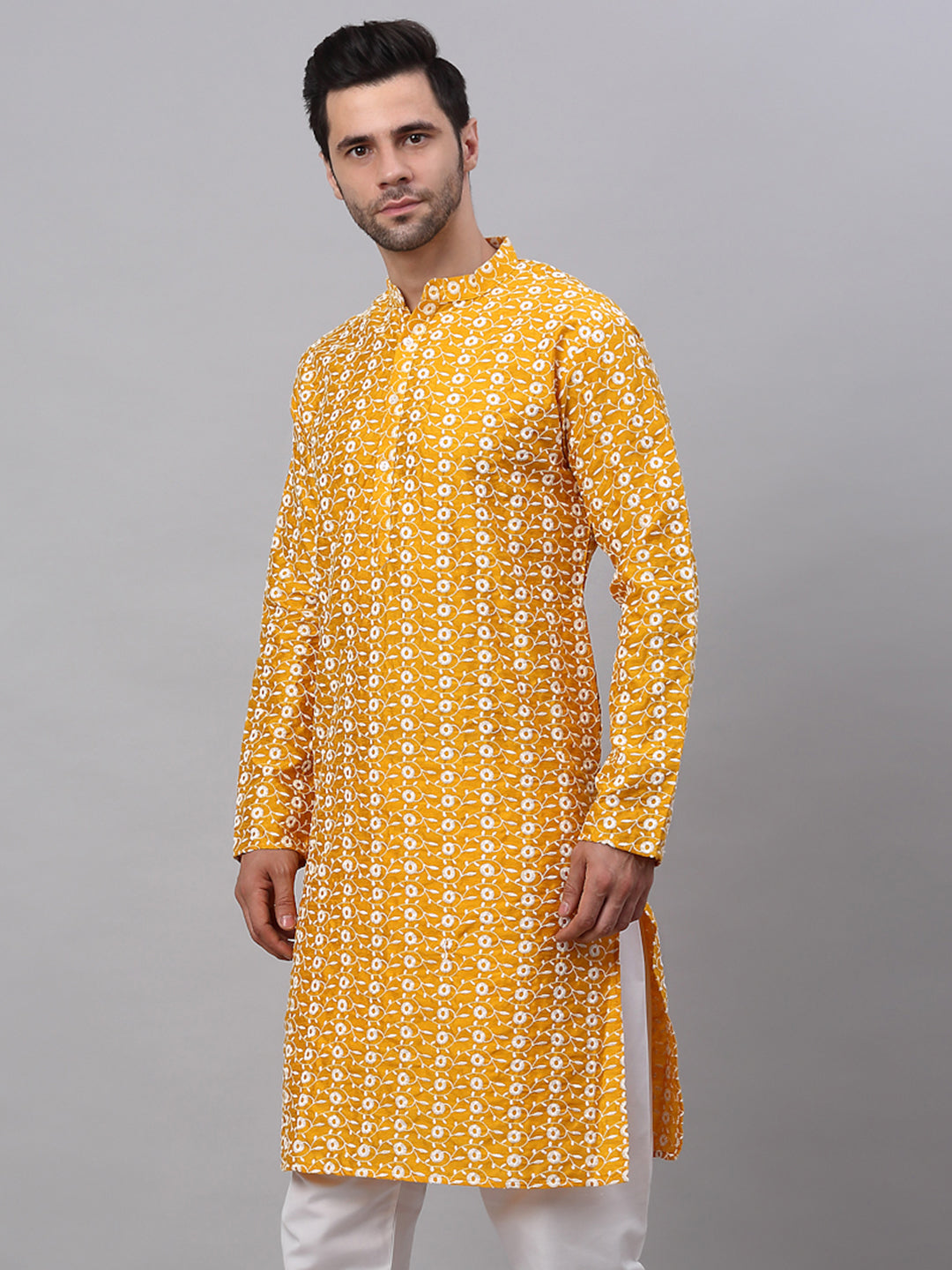 Jompers Men's Mustard Embroidered Dupion Silk Kurta | Grocsy