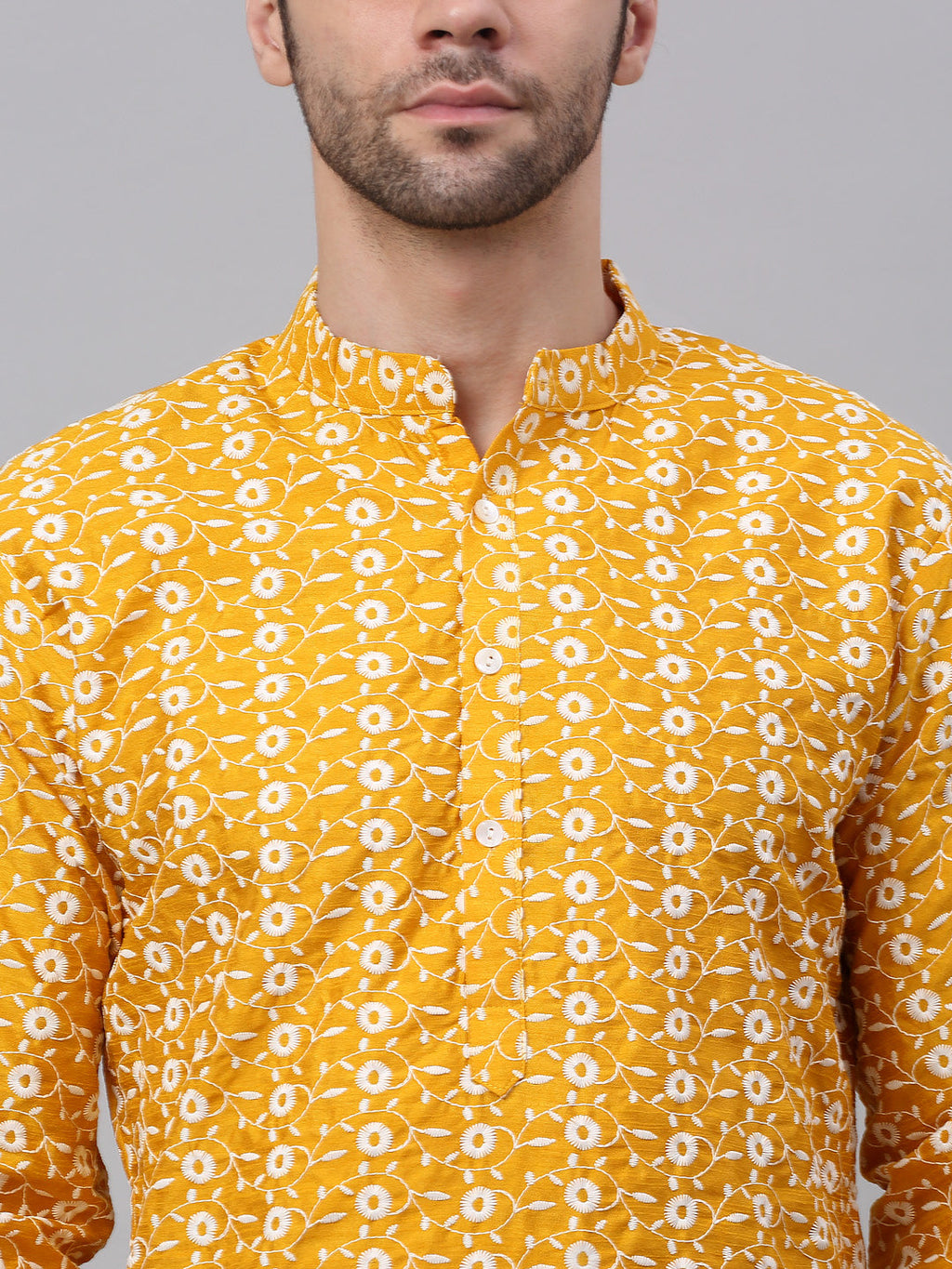 Jompers Men's Mustard Embroidered Dupion Silk Kurta | Grocsy