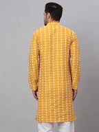 Jompers Men's Mustard Embroidered Dupion Silk Kurta | Grocsy