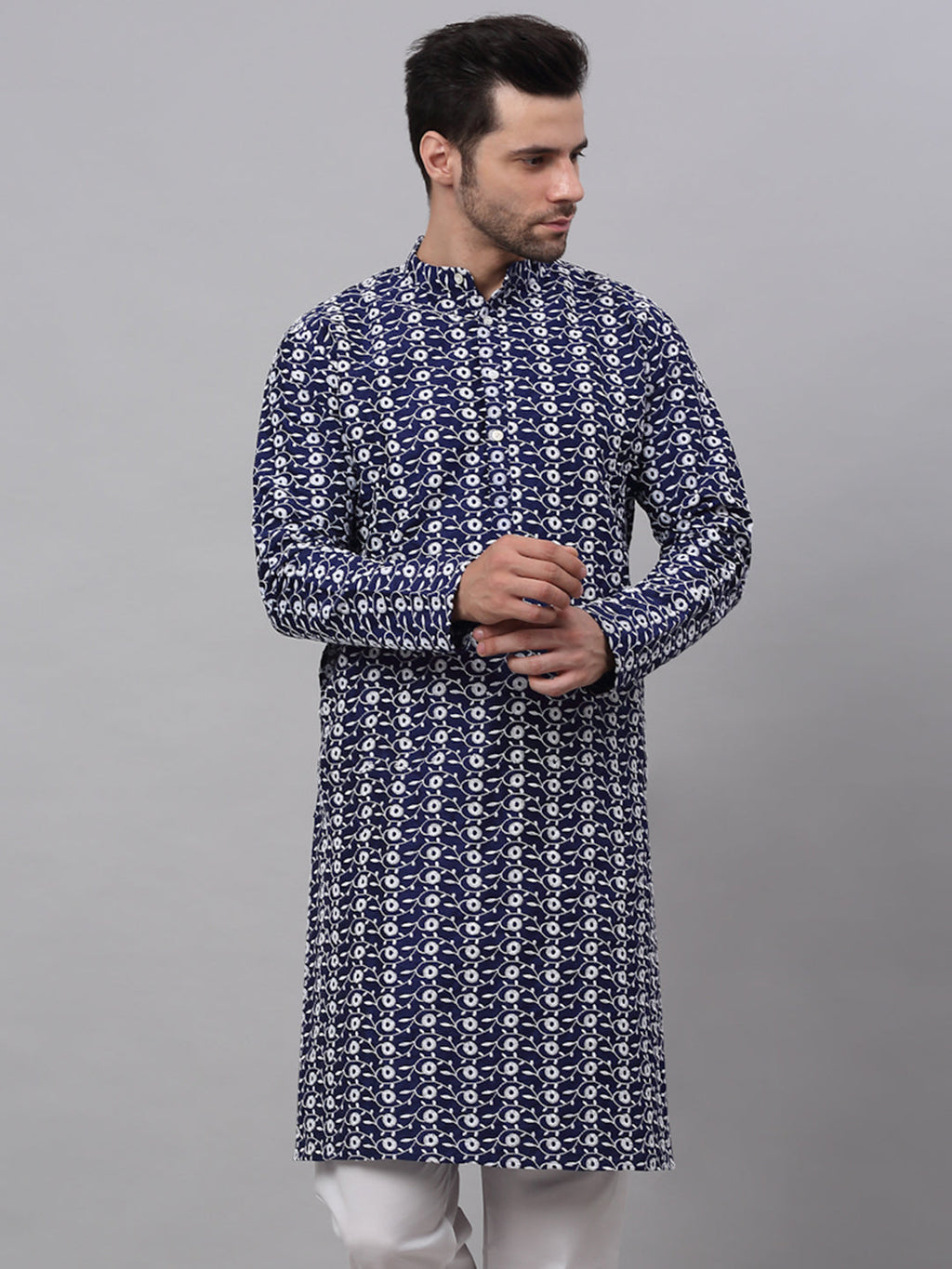 Jompers Men's Navy Blue Embroidered Dupion Silk Kurta | Grocsy