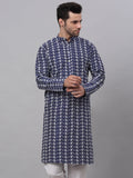 Jompers Men's Navy Blue Embroidered Dupion Silk Kurta | Grocsy