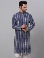 Jompers Men's Navy Blue Embroidered Dupion Silk Kurta | Grocsy