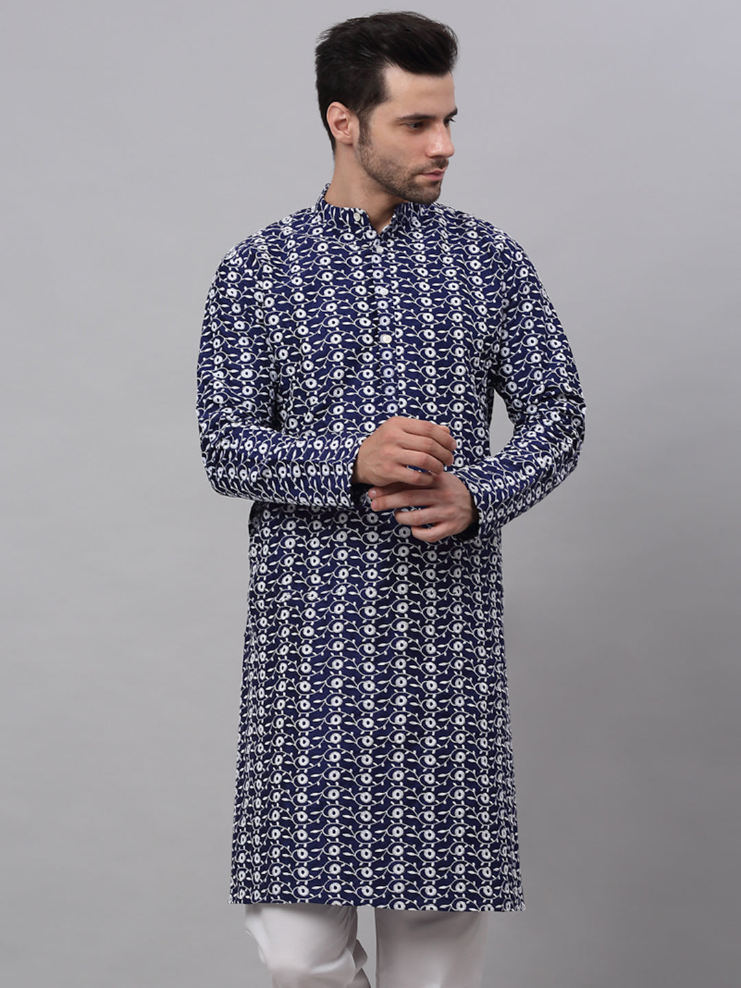 Jompers Men's Navy Blue Embroidered Dupion Silk Kurta | Grocsy