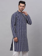 Jompers Men's Navy Blue Embroidered Dupion Silk Kurta | Grocsy