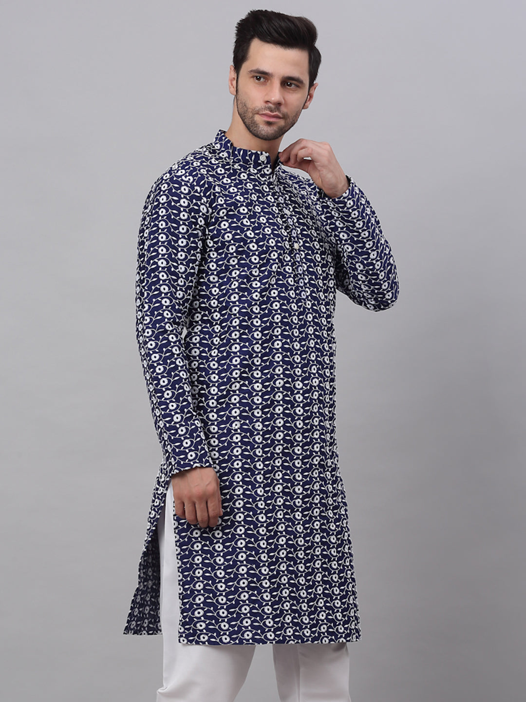 Jompers Men's Navy Blue Embroidered Dupion Silk Kurta | Grocsy