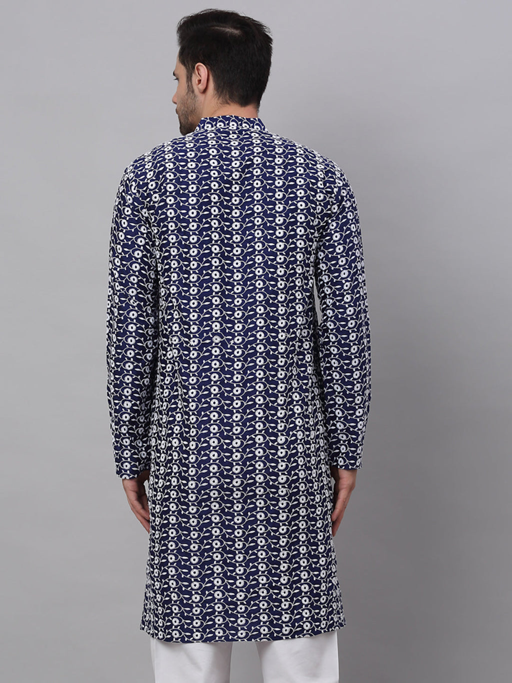 Jompers Men's Navy Blue Embroidered Dupion Silk Kurta | Grocsy