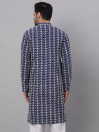 Jompers Men's Navy Blue Embroidered Dupion Silk Kurta | Grocsy