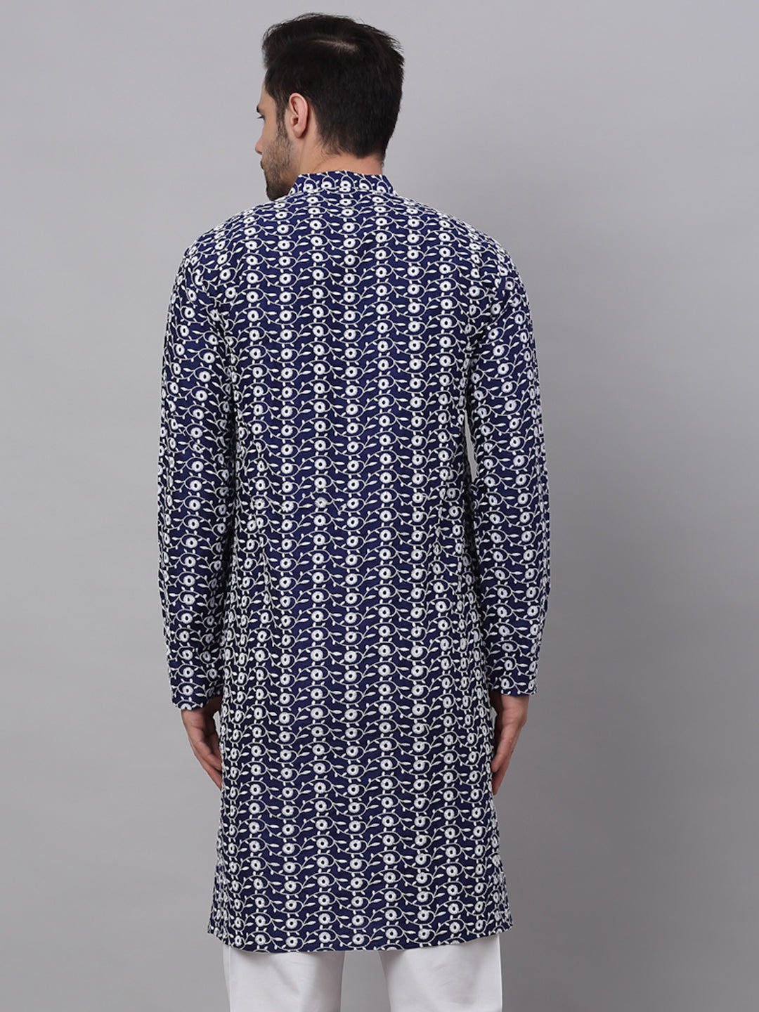 Jompers Men's Navy Blue Embroidered Dupion Silk Kurta | Grocsy