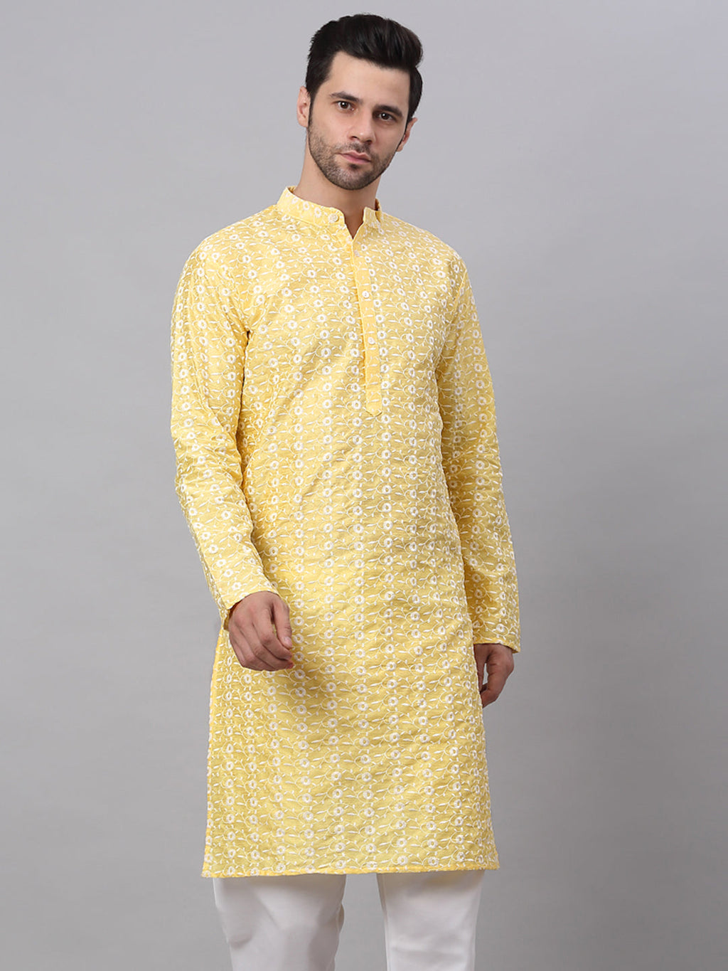 Jompers Men's Yellow Embroidered Dupion Silk Kurta | Grocsy