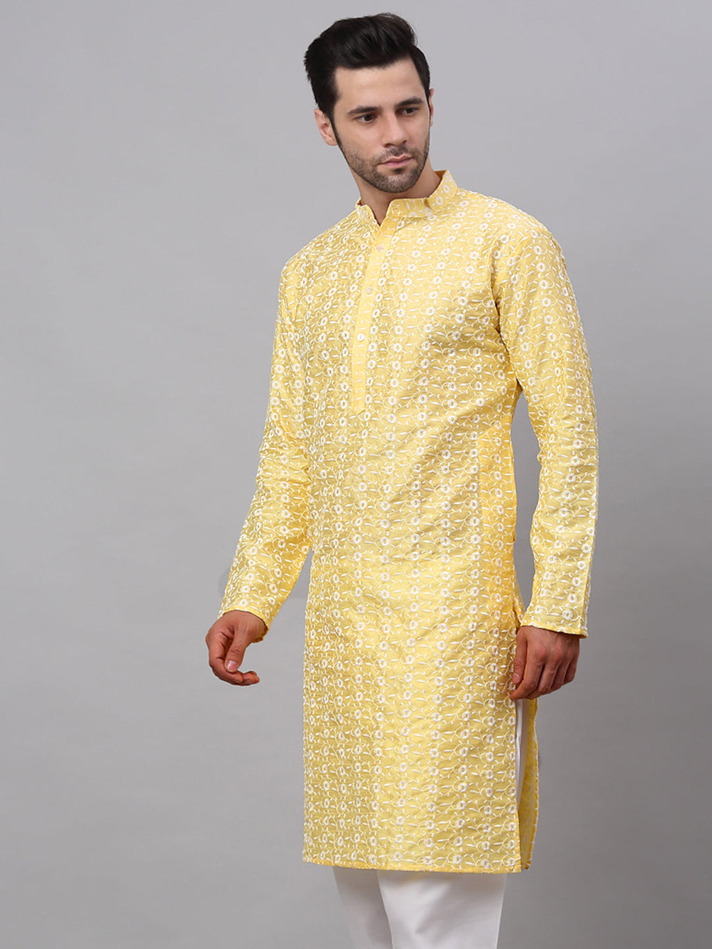 Jompers Men's Yellow Embroidered Dupion Silk Kurta | Grocsy