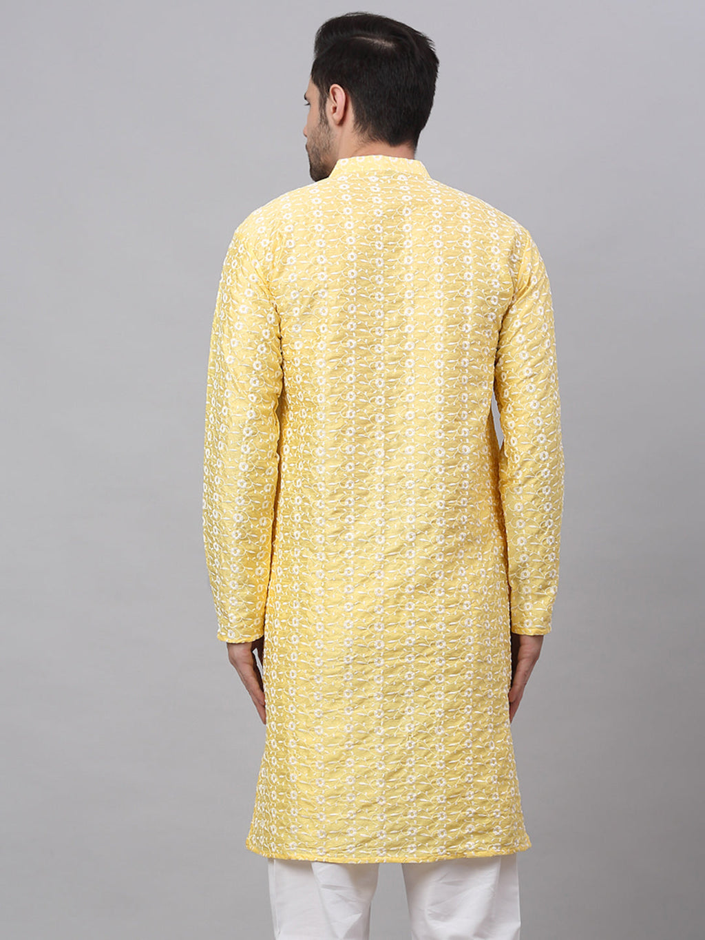 Jompers Men's Yellow Embroidered Dupion Silk Kurta | Grocsy