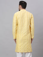 Jompers Men's Yellow Embroidered Dupion Silk Kurta | Grocsy