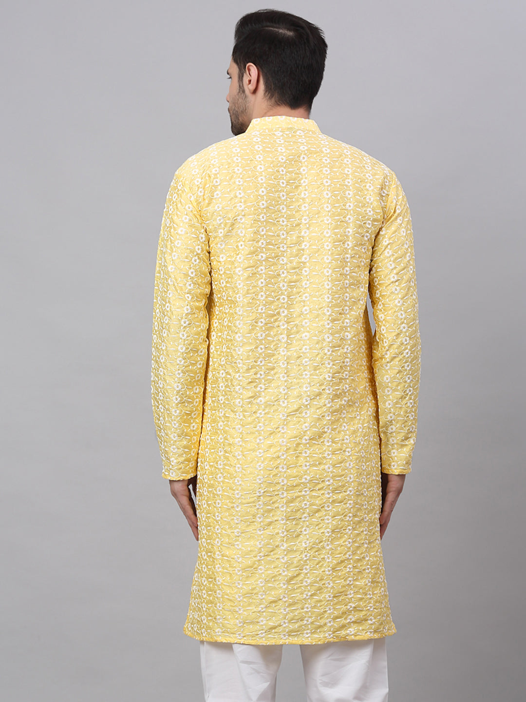 Jompers Men's Yellow Embroidered Dupion Silk Kurta | Grocsy