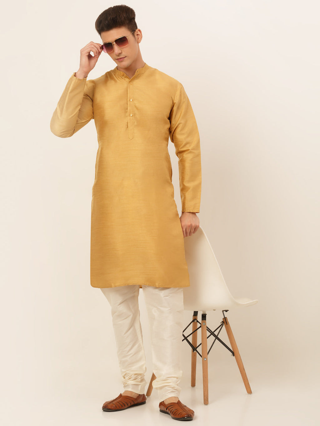 Jompers Men's Solid Dupion Silk Kurta - Dark-Golden | Grocsy