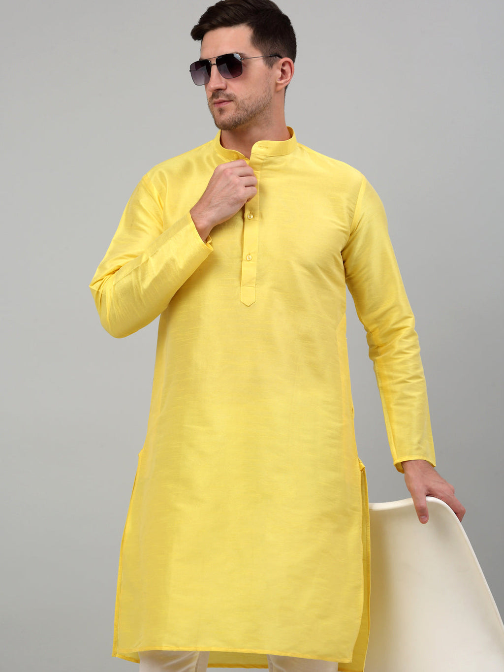 Jompers Men's Lemon Yellow Dupion Silk Kurta Only | Grocsy