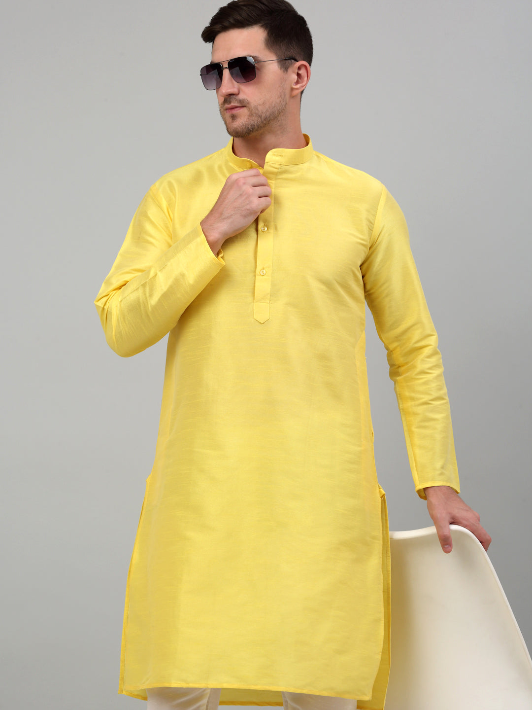 Jompers Men's Lemon Yellow Dupion Silk Kurta Only | Grocsy