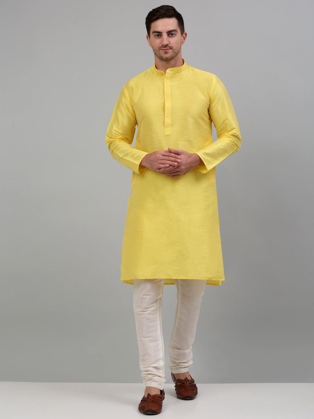 Jompers Men's Lemon Yellow Dupion Silk Kurta Only | Grocsy