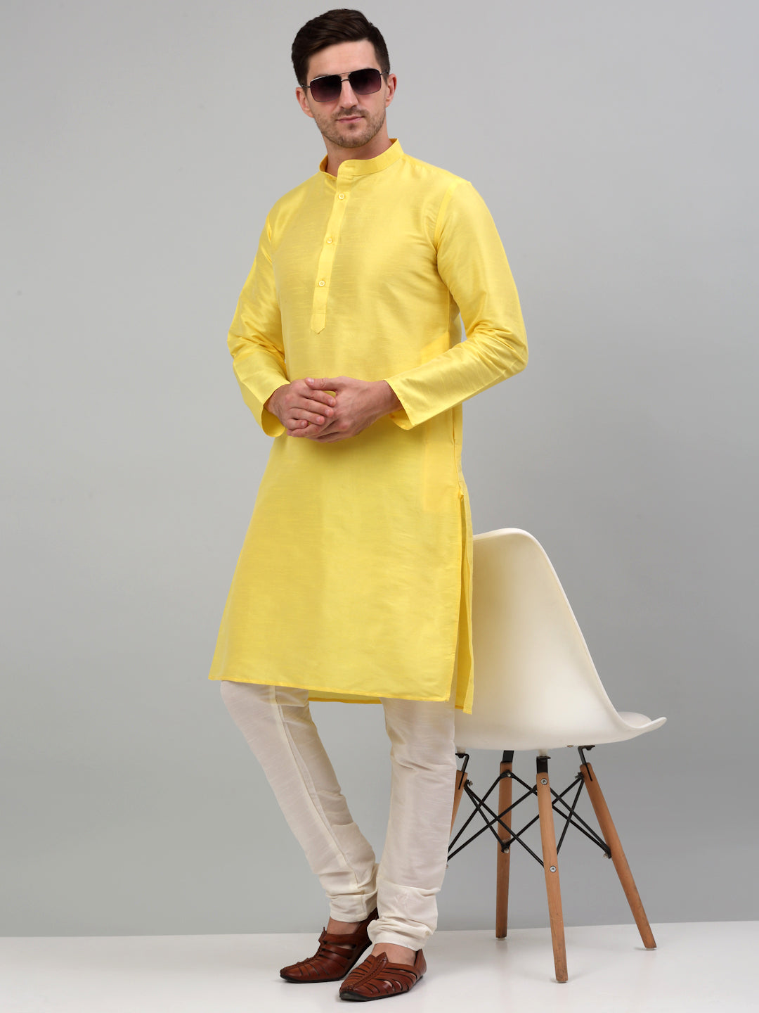 Jompers Men's Lemon Yellow Dupion Silk Kurta Only | Grocsy