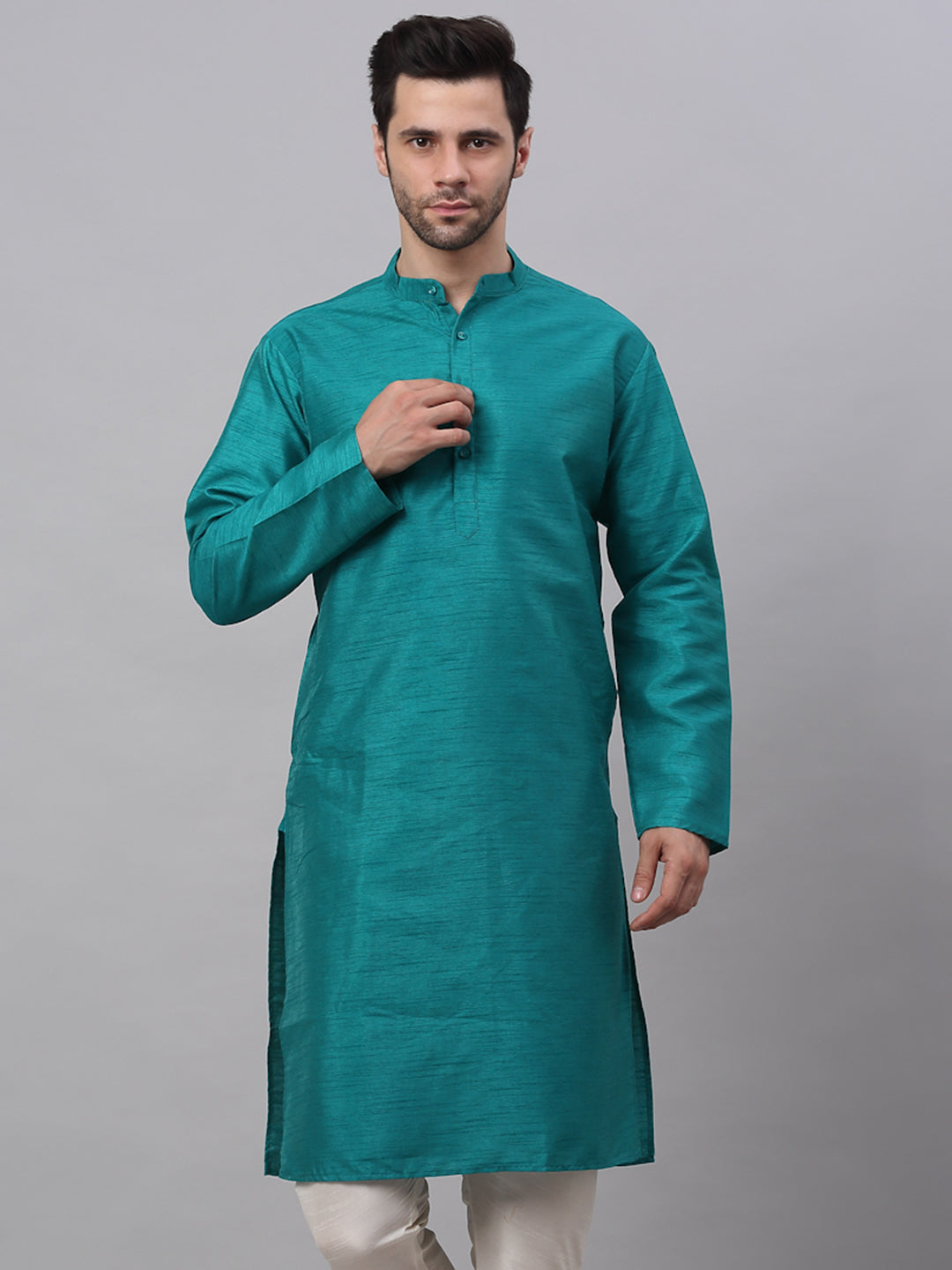 Jompers Men's Solid Dupion Silk Kurta - Teal | Grocsy