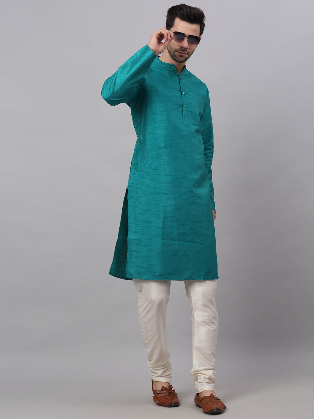 Jompers Men's Solid Dupion Silk Kurta - Teal | Grocsy