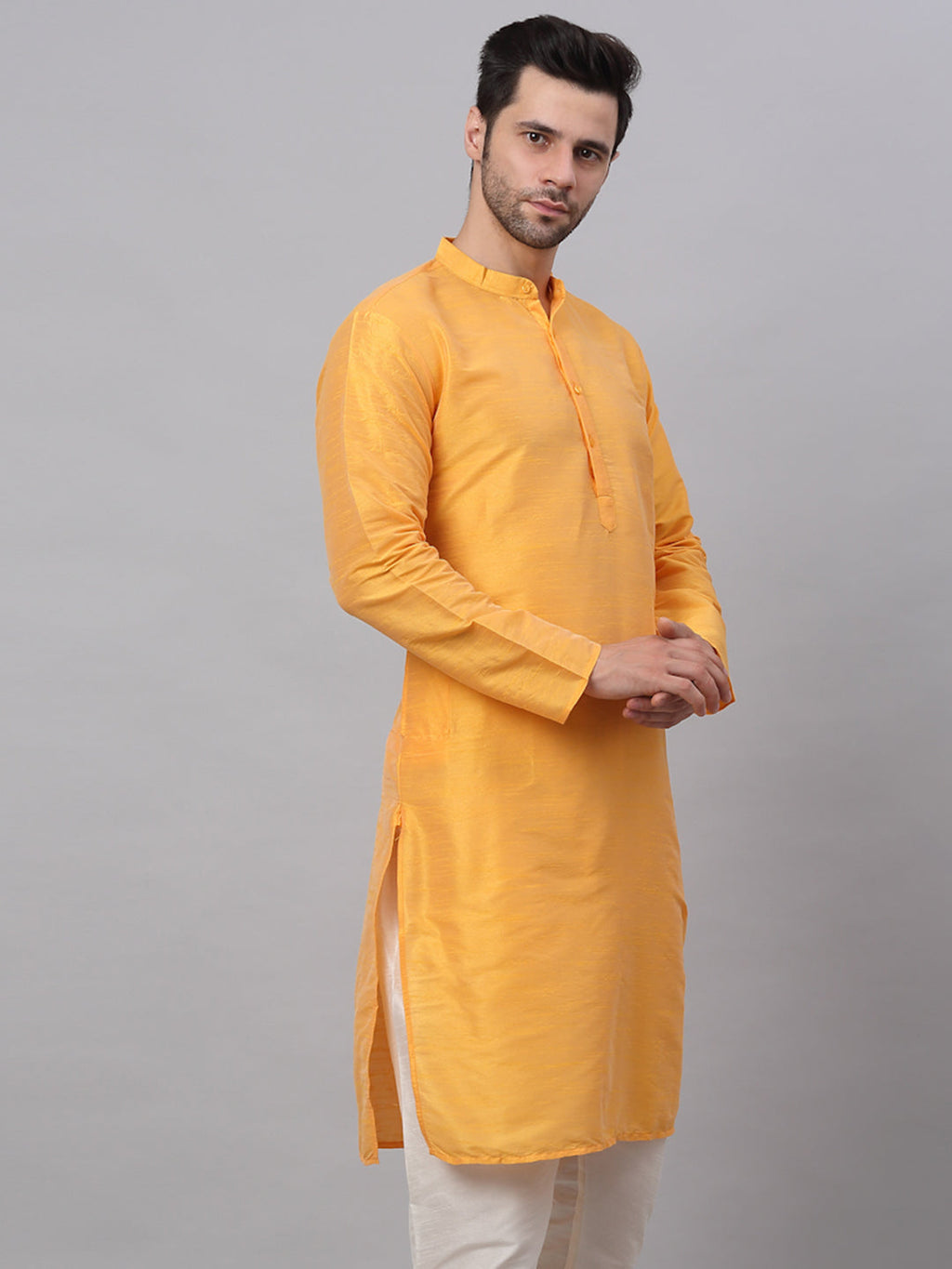 Jompers Men's Solid Dupion Silk Kurta - Yellow | Grocsy