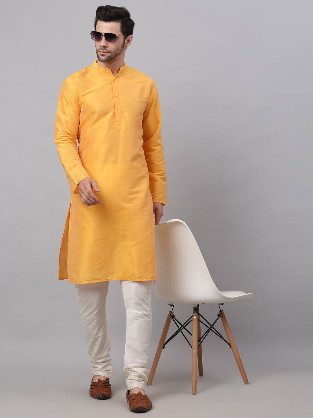 Jompers Men's Solid Dupion Silk Kurta - Yellow | Grocsy