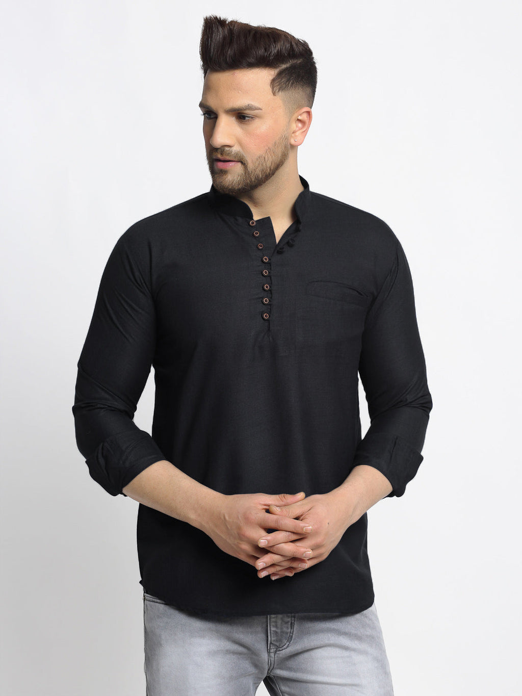 Jompers Men's Cotton Solid Short Kurta - Black | Grocsy