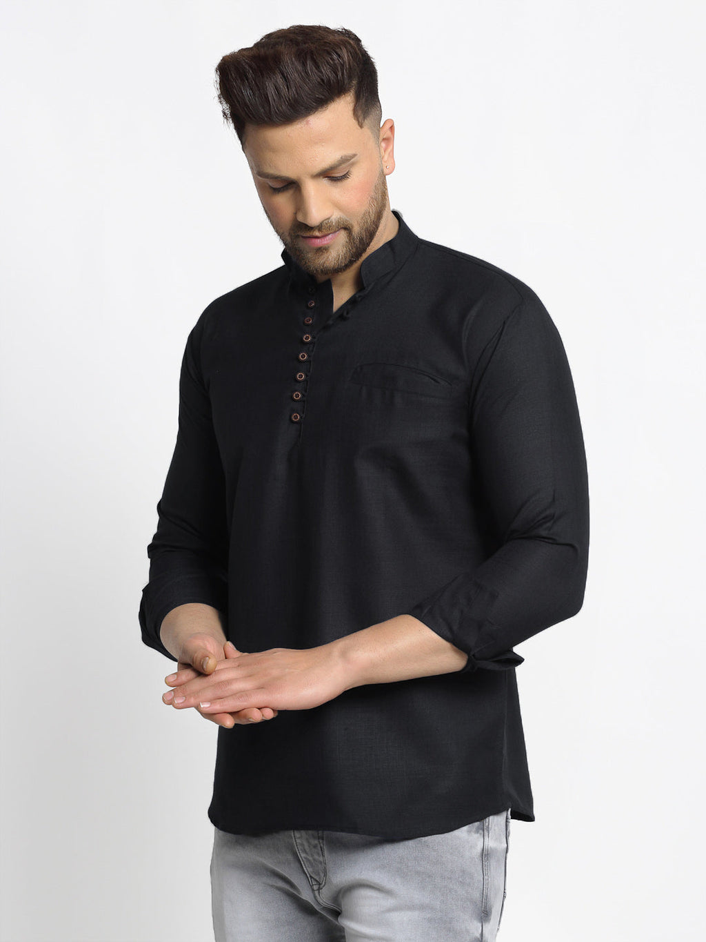 Jompers Men's Cotton Solid Short Kurta - Black | Grocsy