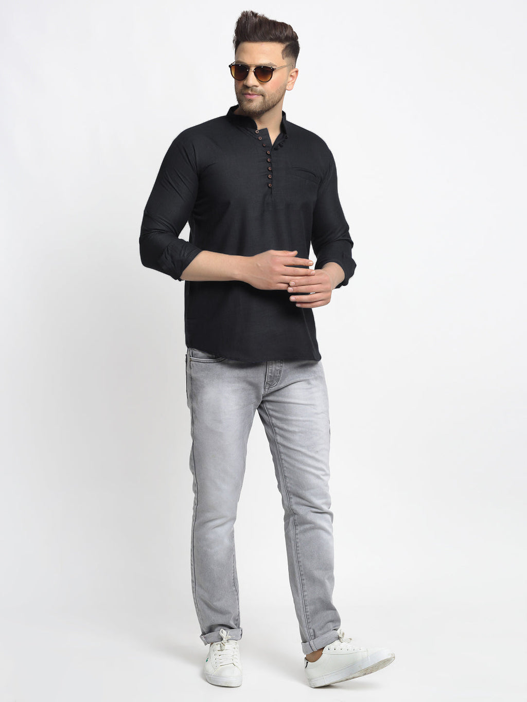 Jompers Men's Cotton Solid Short Kurta - Black | Grocsy