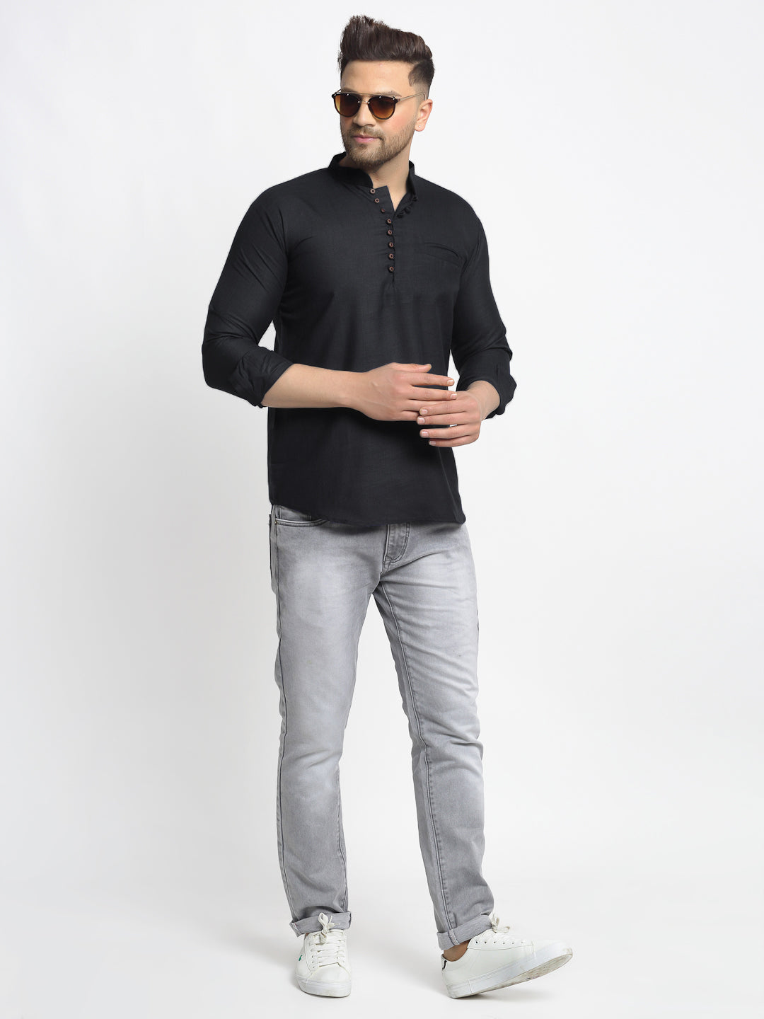 Jompers Men's Cotton Solid Short Kurta - Black | Grocsy