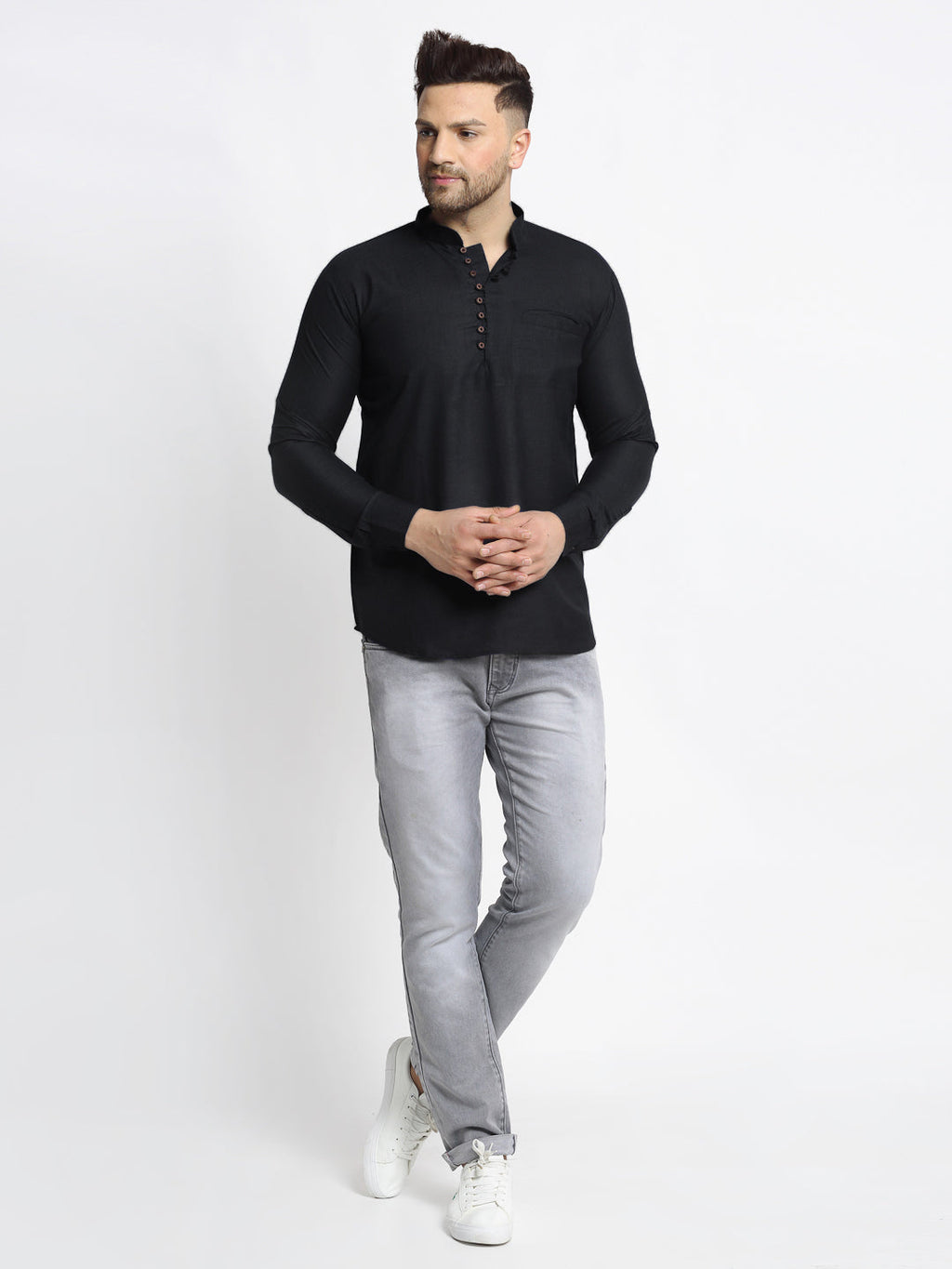 Jompers Men's Cotton Solid Short Kurta - Black | Grocsy