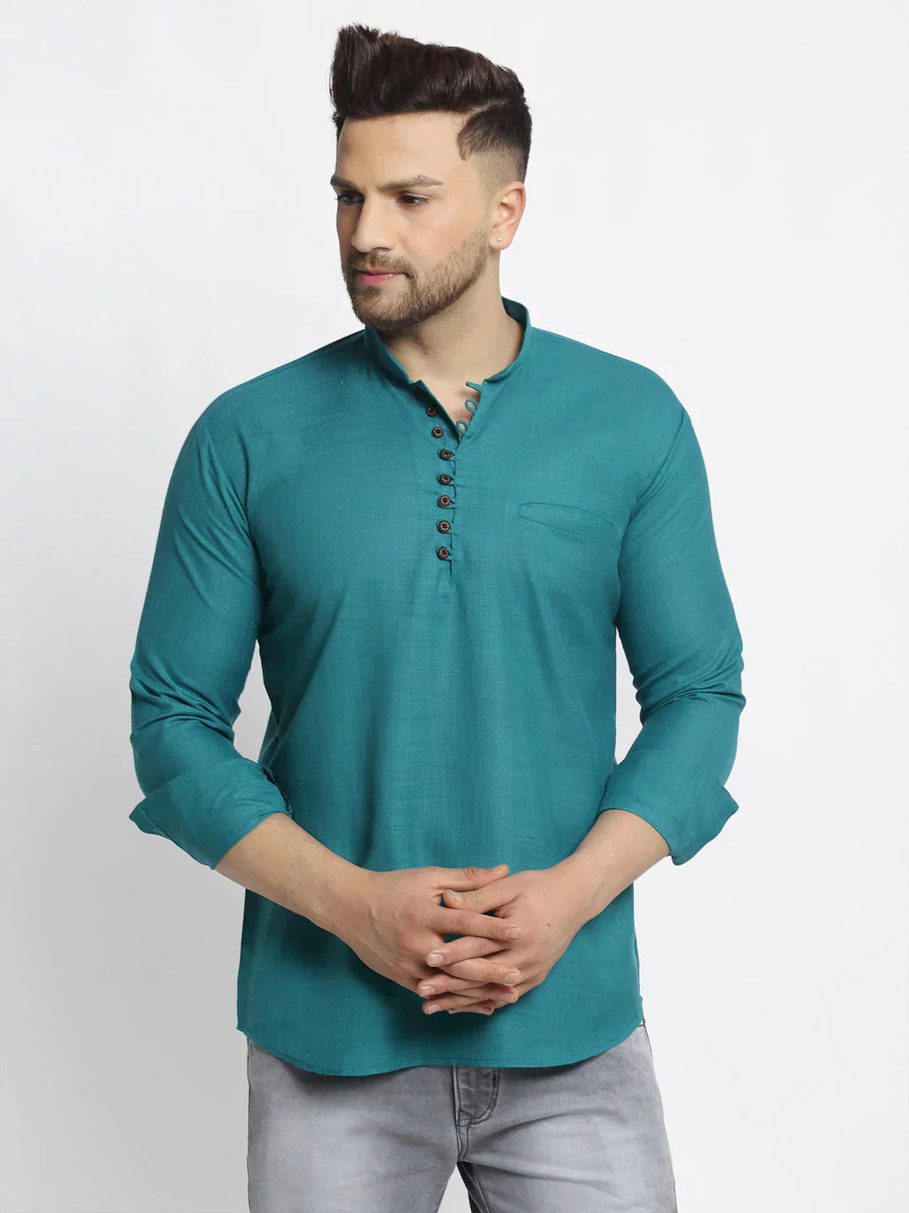 Jompers Men's Green Solid Cotton Short Kurta | Grocsy