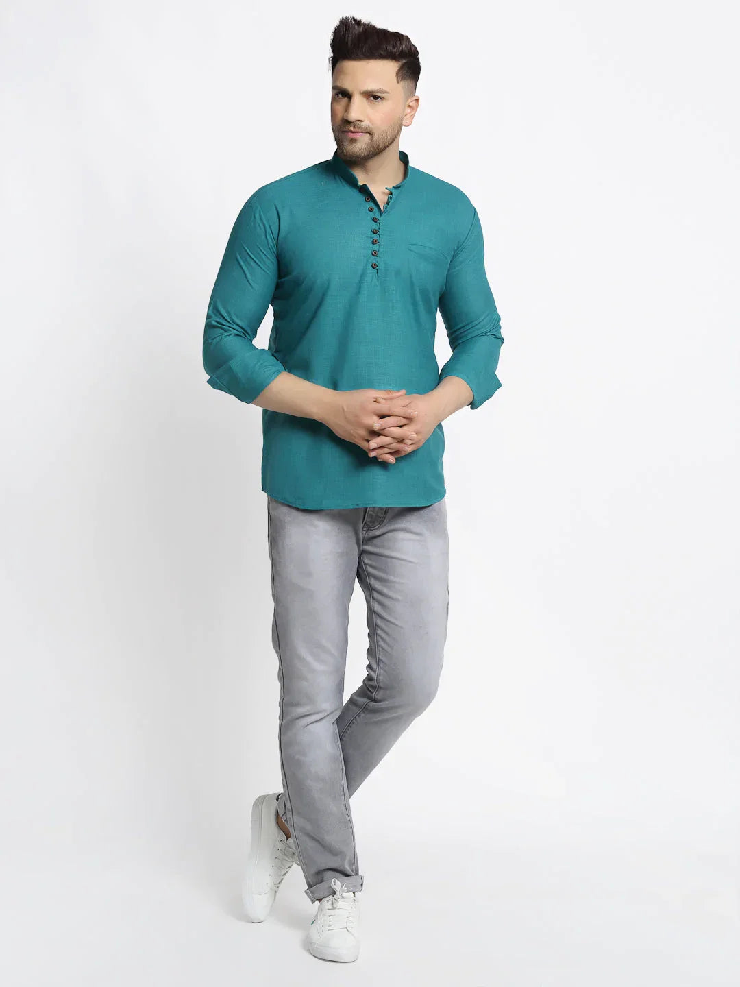 Jompers Men's Green Solid Cotton Short Kurta | Grocsy