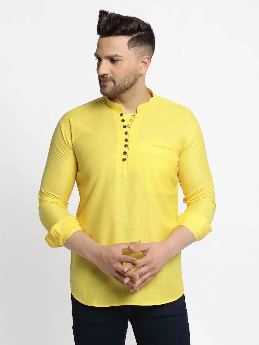 Jompers Men's Lemon Solid Cotton Short Kurta | Grocsy