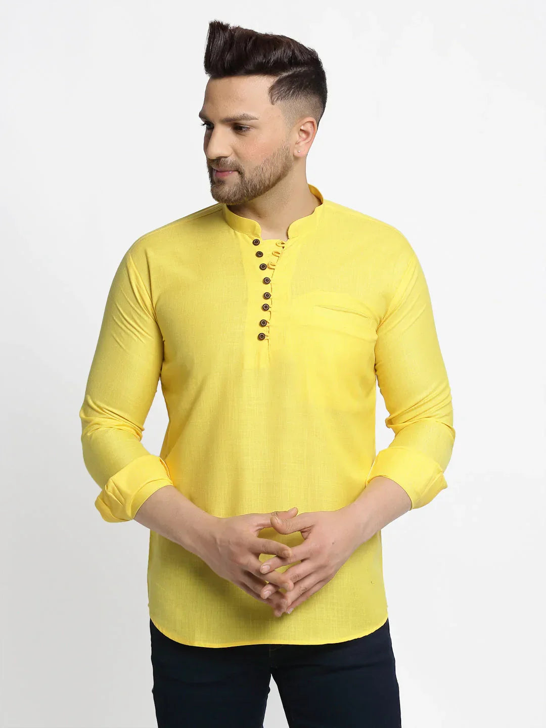 Jompers Men's Lemon Solid Cotton Short Kurta | Grocsy