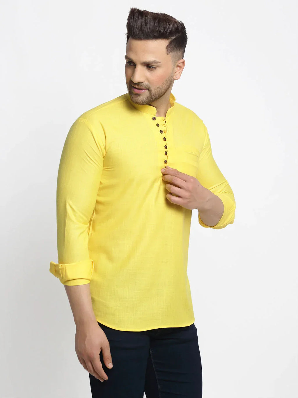 Jompers Men's Lemon Solid Cotton Short Kurta | Grocsy
