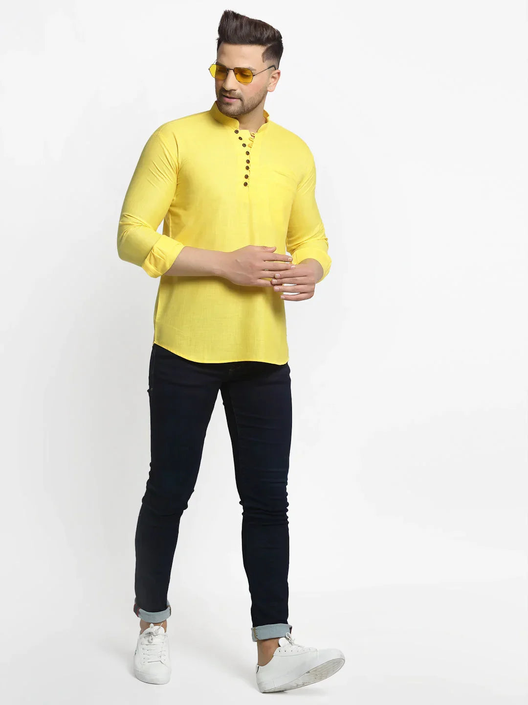 Jompers Men's Lemon Solid Cotton Short Kurta | Grocsy