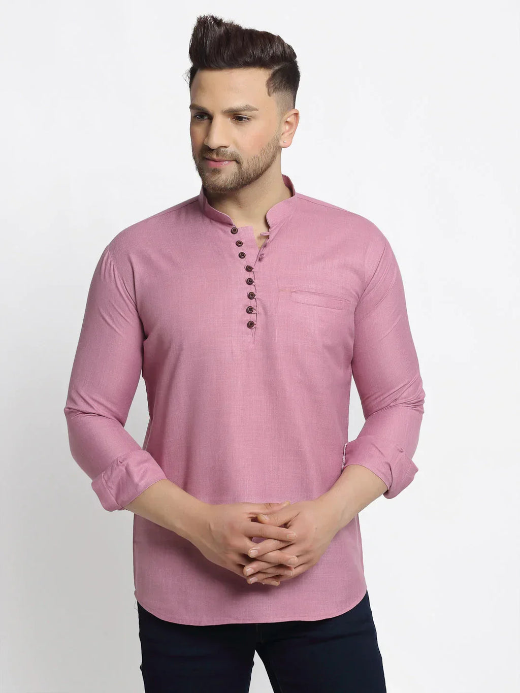 Jompers Men's Magenta Pink Solid Cotton Short Kurta | Grocsy