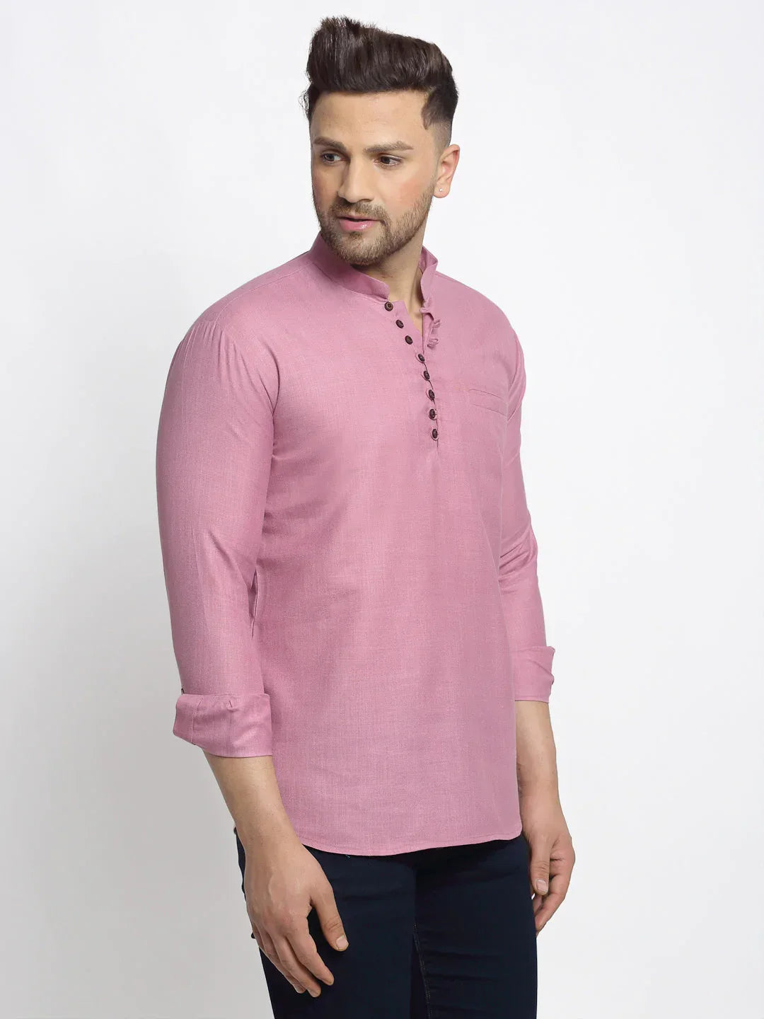 Jompers Men's Magenta Pink Solid Cotton Short Kurta | Grocsy
