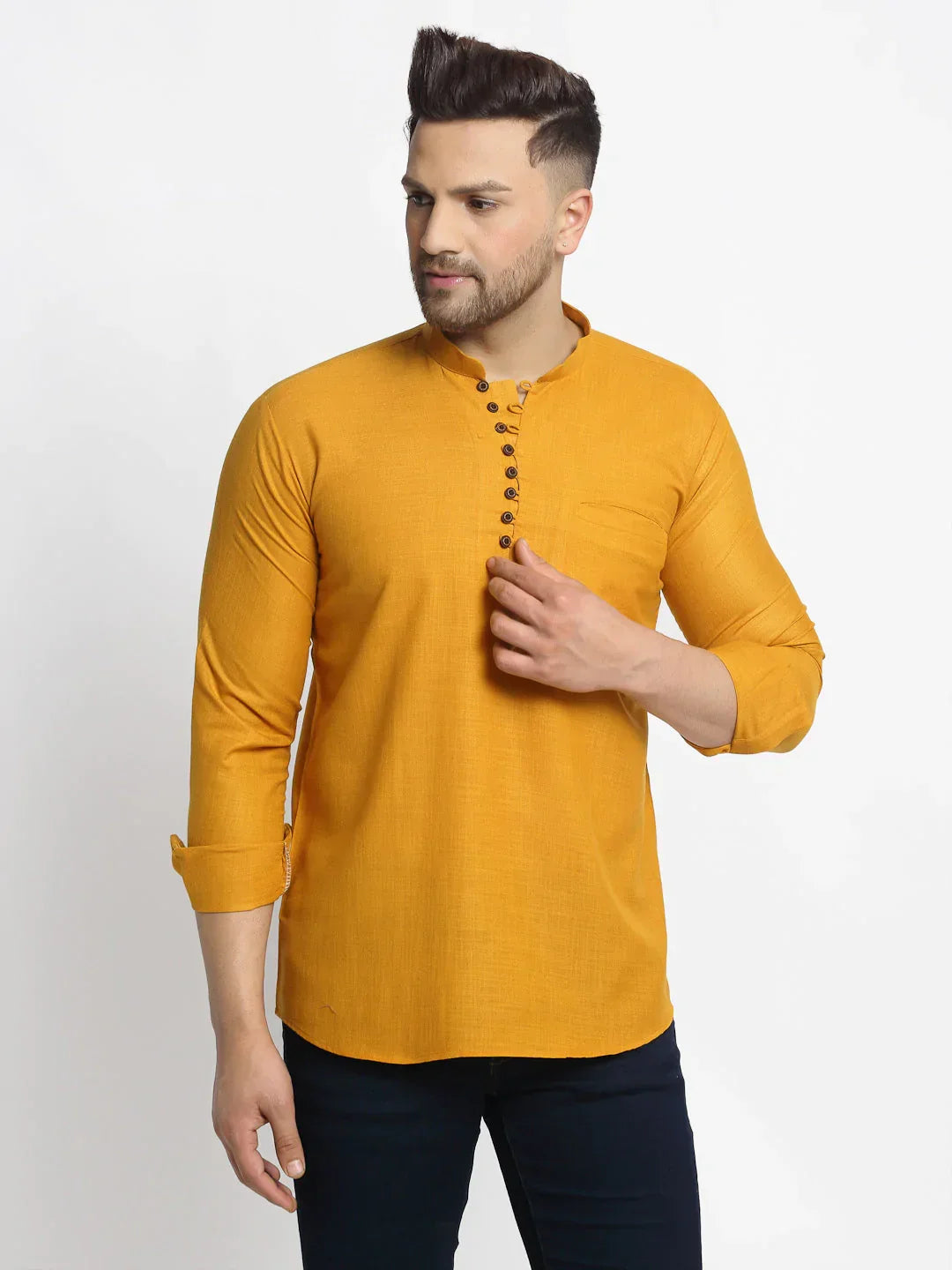 Jompers Men's Mustard Solid Cotton Short Kurta | Grocsy