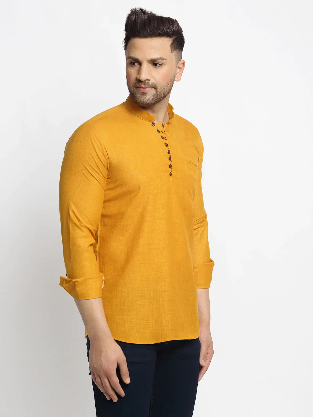 Jompers Men's Mustard Solid Cotton Short Kurta | Grocsy