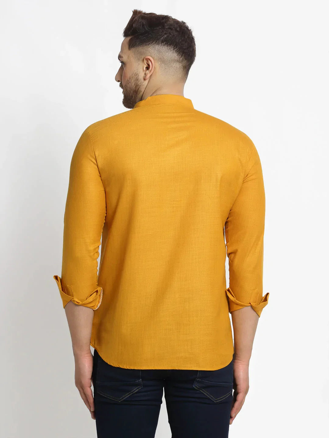 Jompers Men's Mustard Solid Cotton Short Kurta | Grocsy