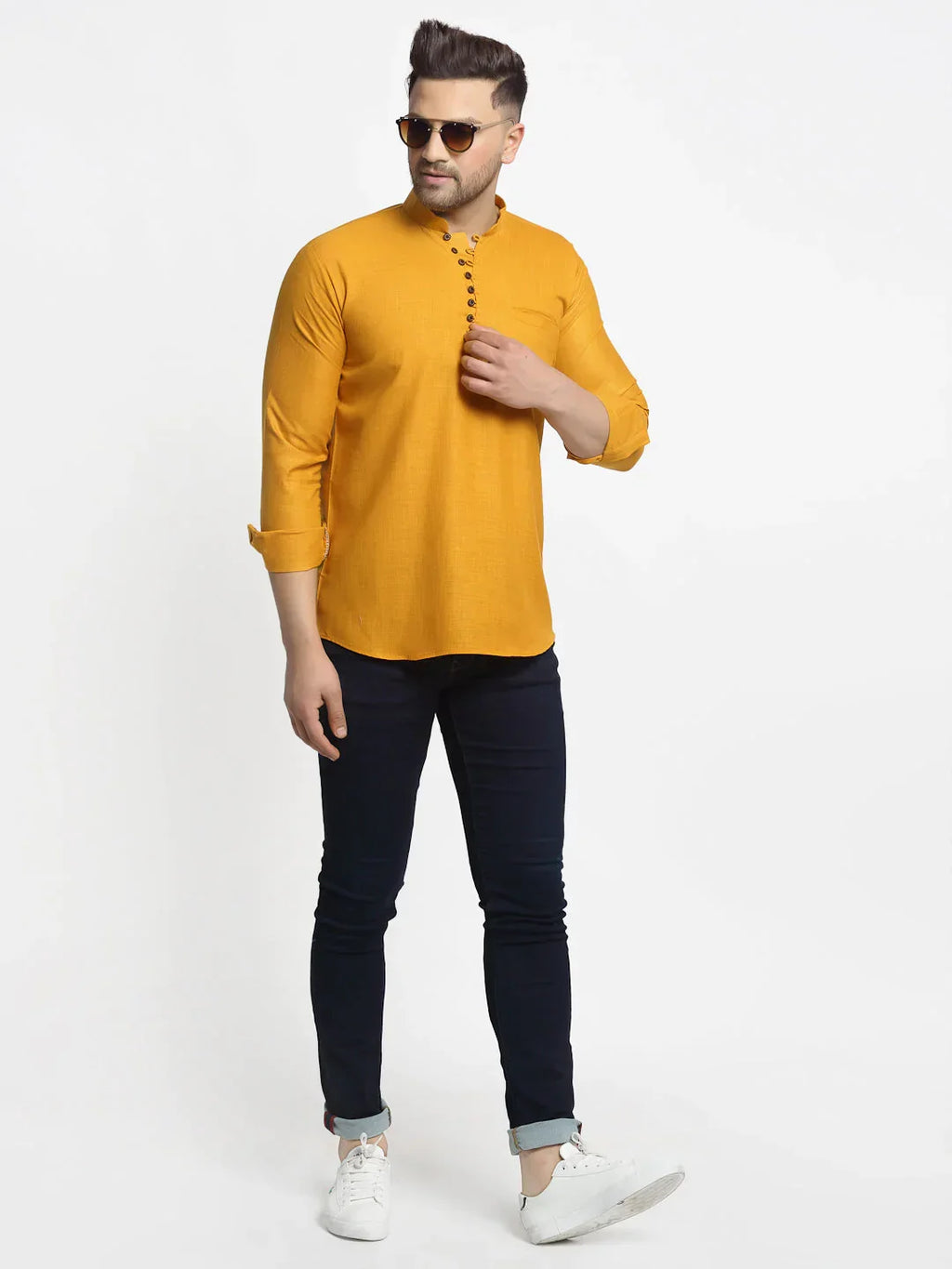 Jompers Men's Mustard Solid Cotton Short Kurta | Grocsy