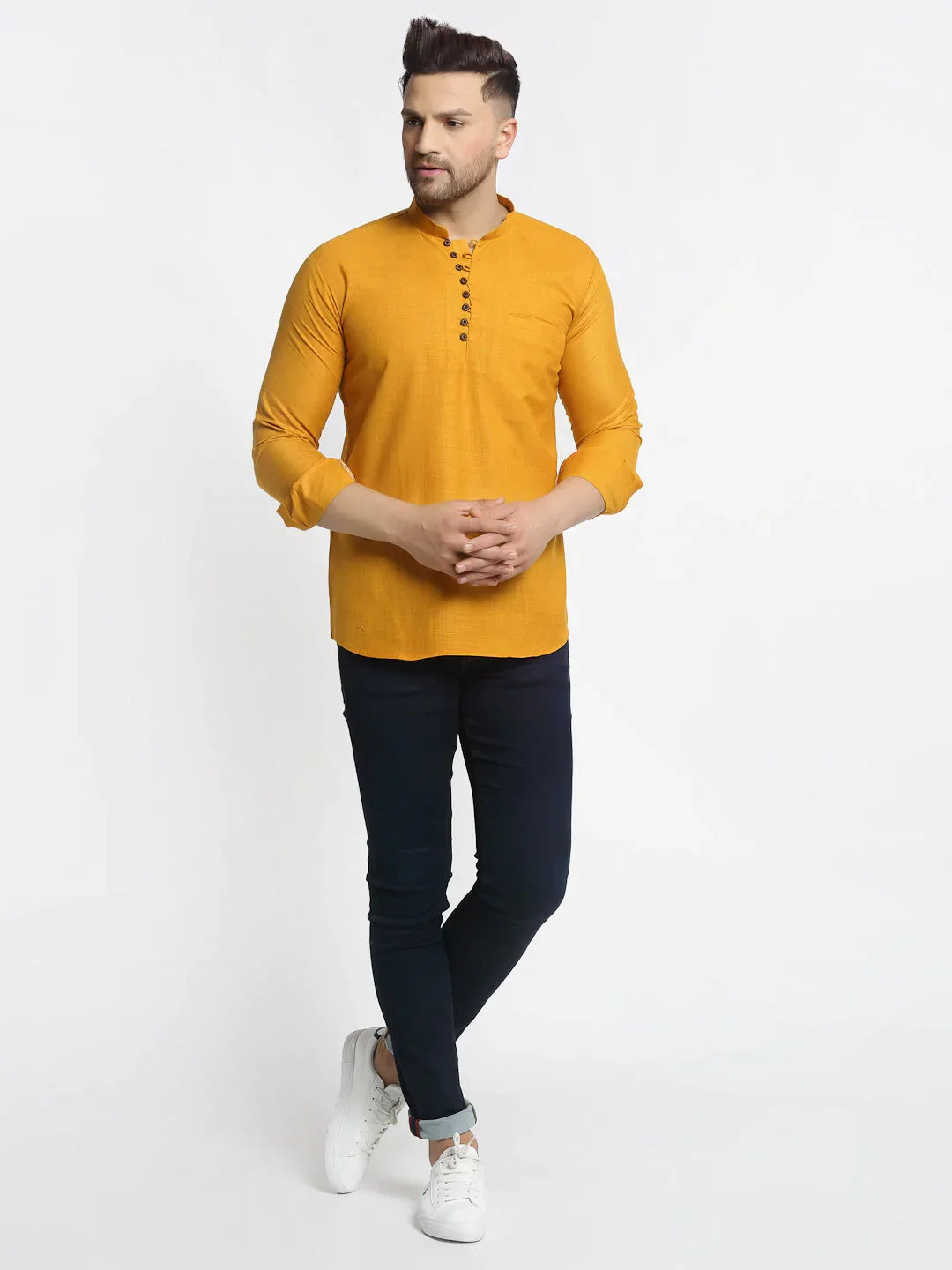 Jompers Men's Mustard Solid Cotton Short Kurta | Grocsy