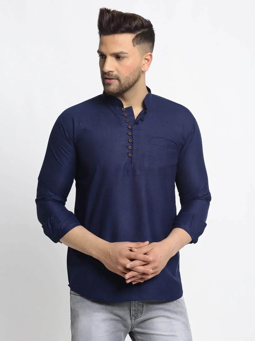 Jompers Men's Navy Blue Solid Cotton Short Kurta | Grocsy