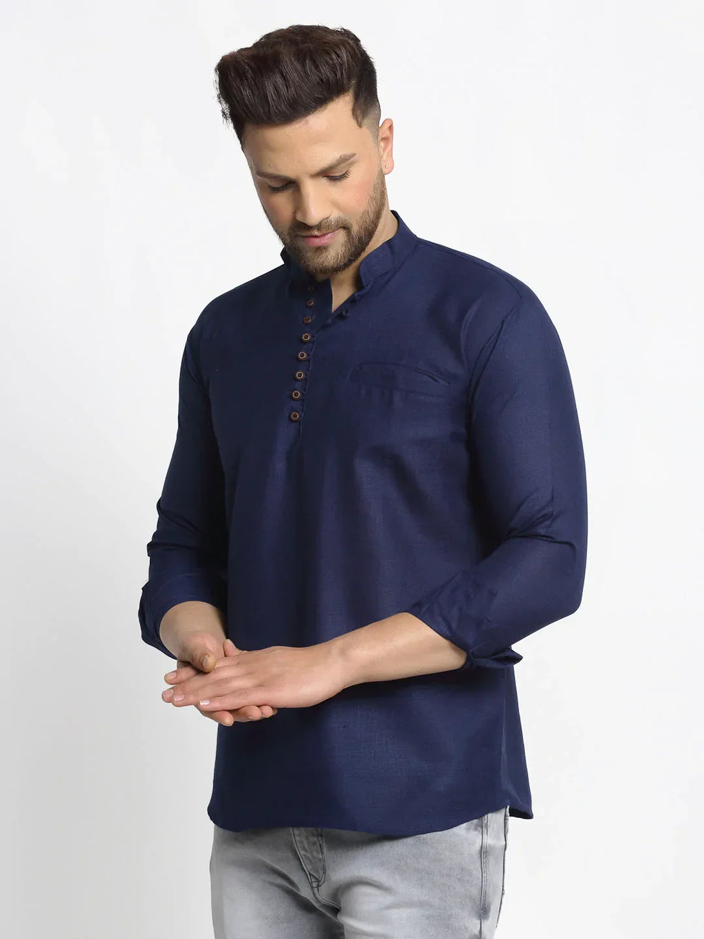 Jompers Men's Navy Blue Solid Cotton Short Kurta | Grocsy