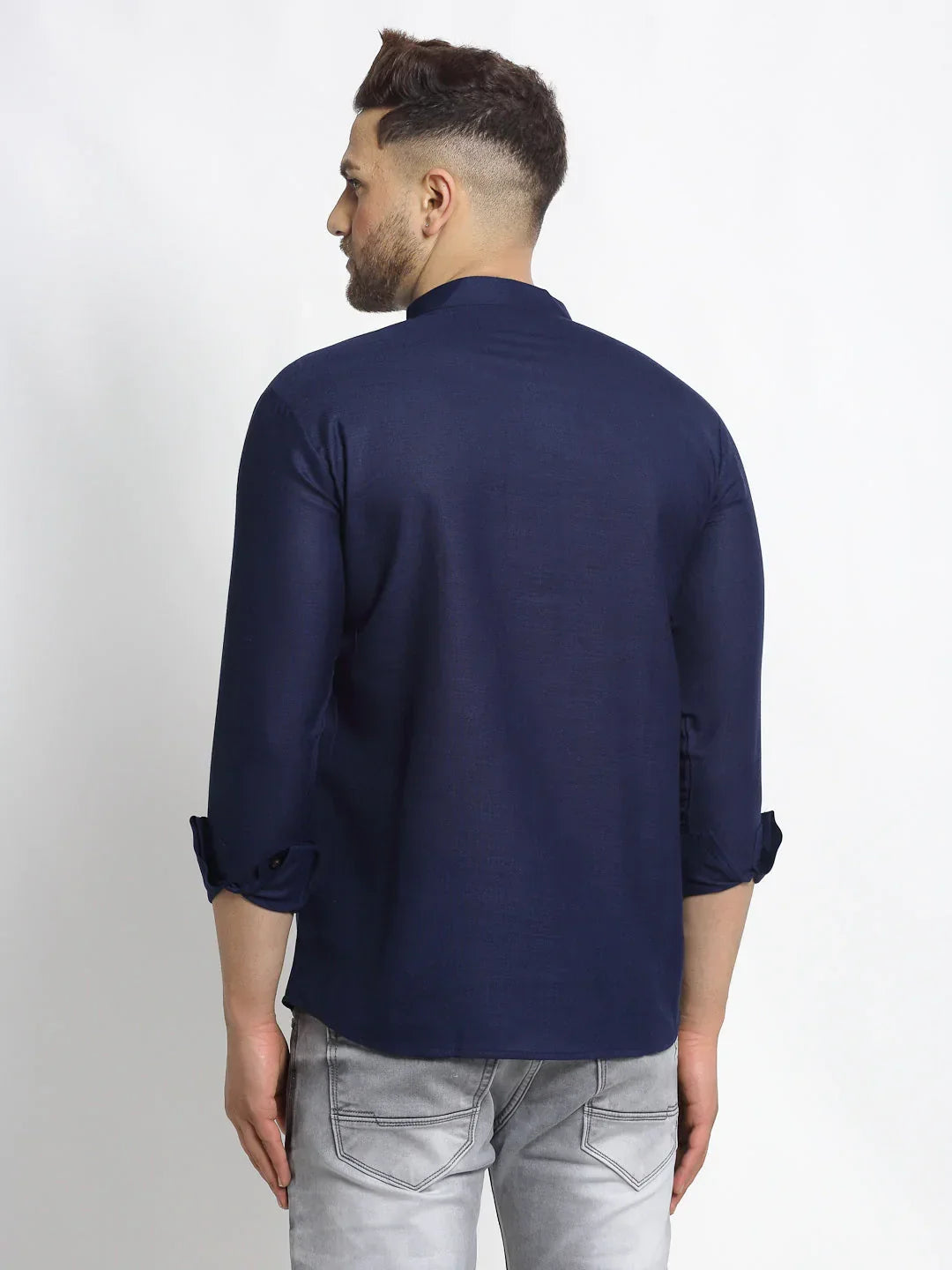 Jompers Men's Navy Blue Solid Cotton Short Kurta | Grocsy