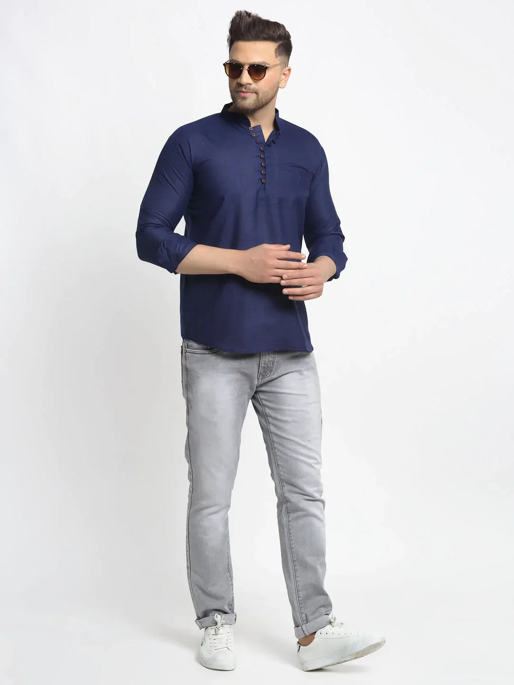 Jompers Men's Navy Blue Solid Cotton Short Kurta | Grocsy
