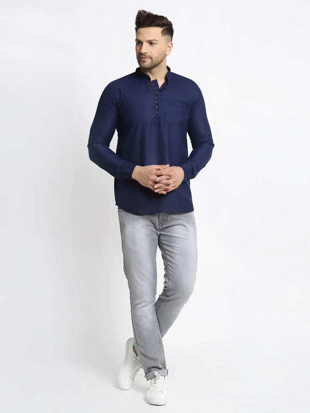 Jompers Men's Navy Blue Solid Cotton Short Kurta | Grocsy