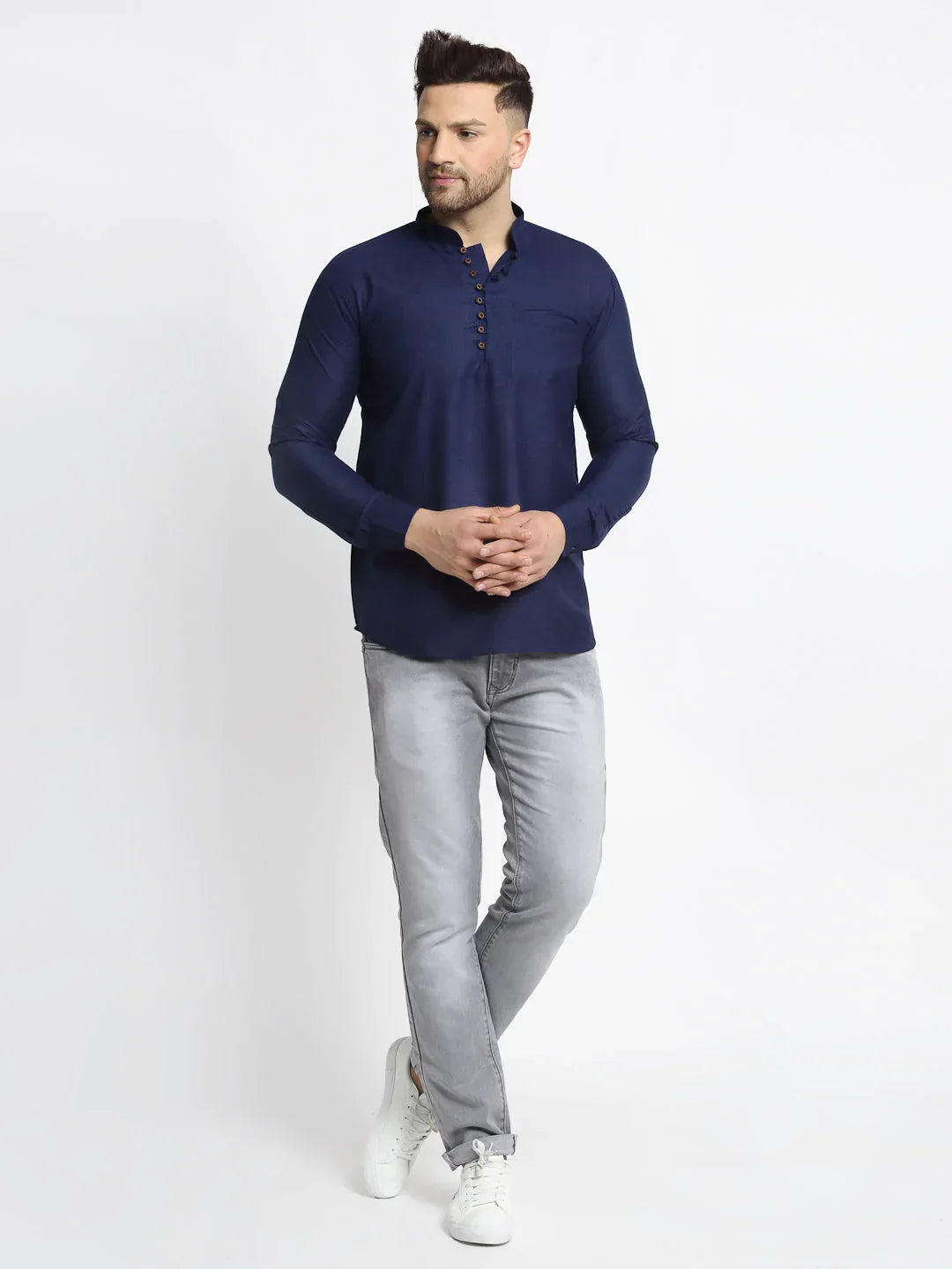 Jompers Men's Navy Blue Solid Cotton Short Kurta | Grocsy